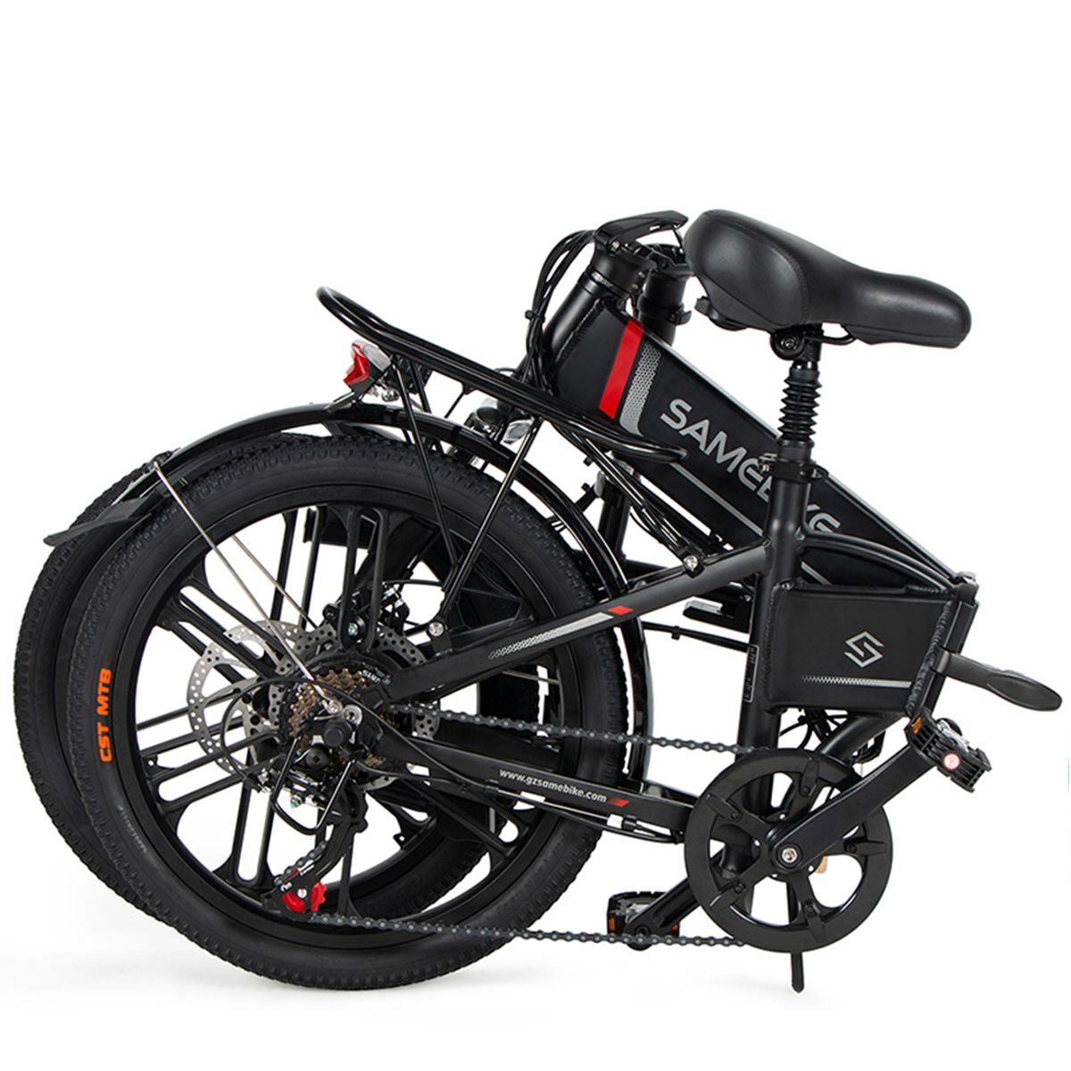 Vélo électrique noir plié. Marque SAMEBIKE. Pneus, selle et cadre noirs. Accents rouges. Porte-bagages arrière.