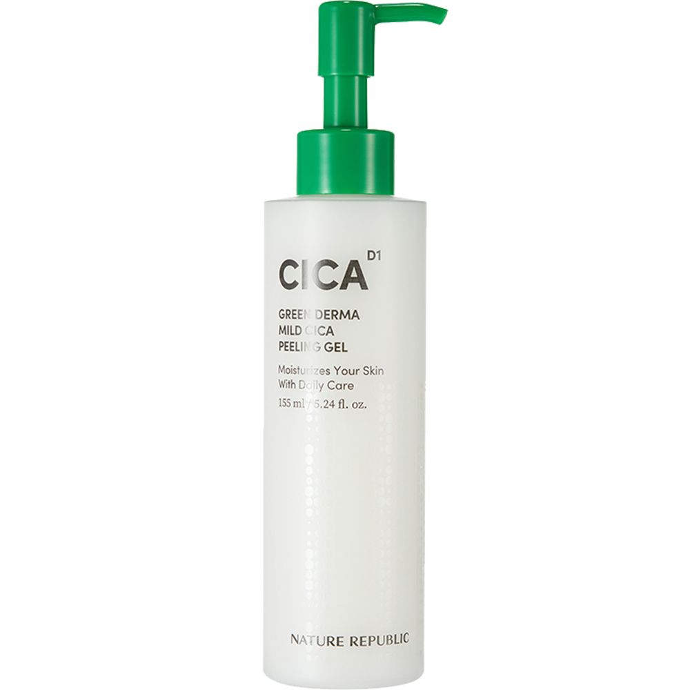 Flacon blanc avec pompe verte. Inscription CICA D1, GREEN DERMA MILD CICA PEELING GEL. NATURE REPUBLIC. Vue verticale.