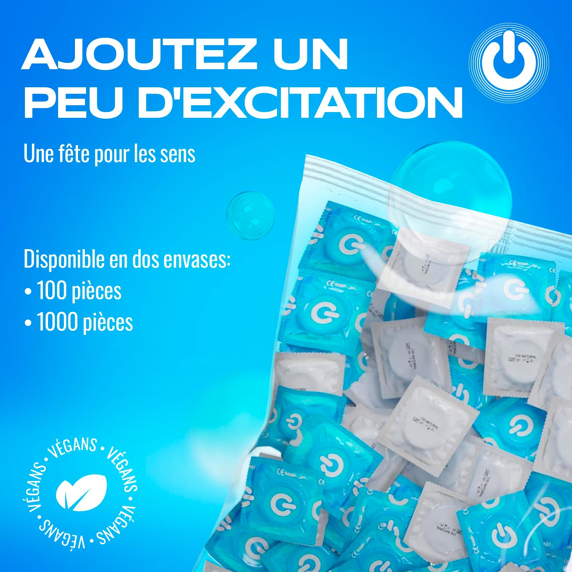 Aperçu des différents types de préservatifs : Stimulation, Confort, Fort, Super fin.