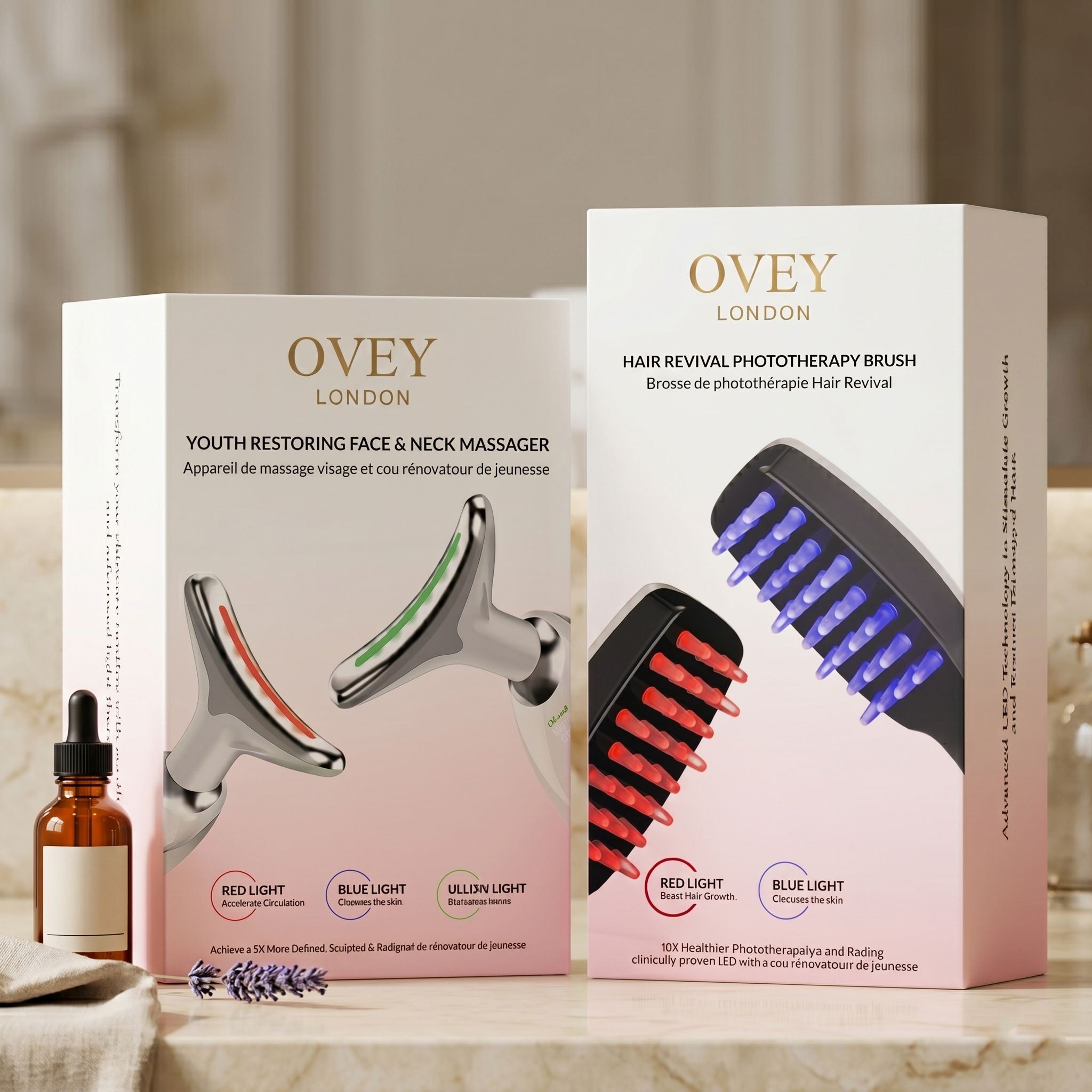 Twee productdozen met OVEY LONDON logo. Eén doos toont een massageapparaat, de andere een haarborstel. Een fles staat ernaast.
