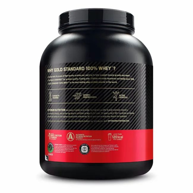 Achterkant van de Optimum Nutrition Gold Standard 100% Whey Proteïne pot met informatie over voordelen en merk.