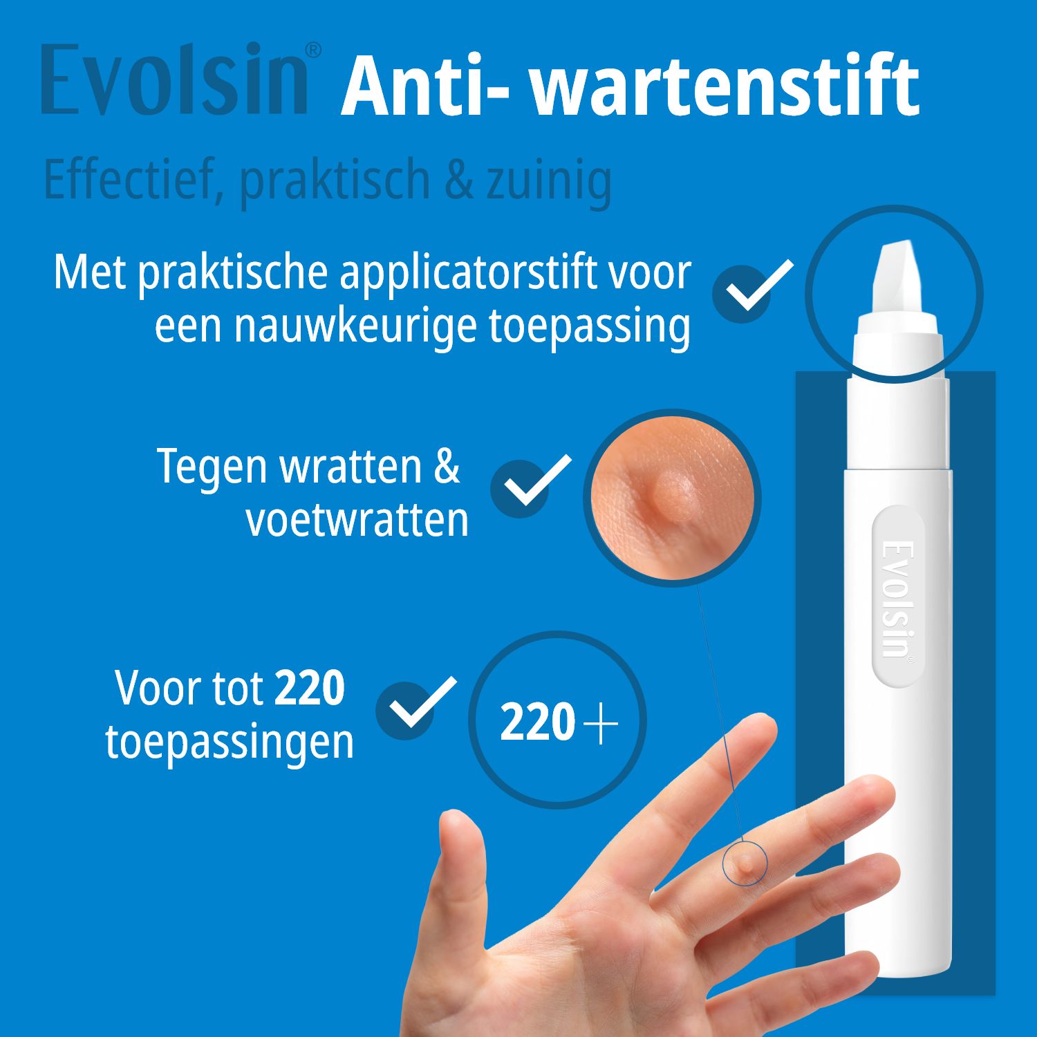 Infographic: Evolsin wrattenbevriezingsspray. Medisch hulpmiddel, CE-markering, Made in EU. Tekst.