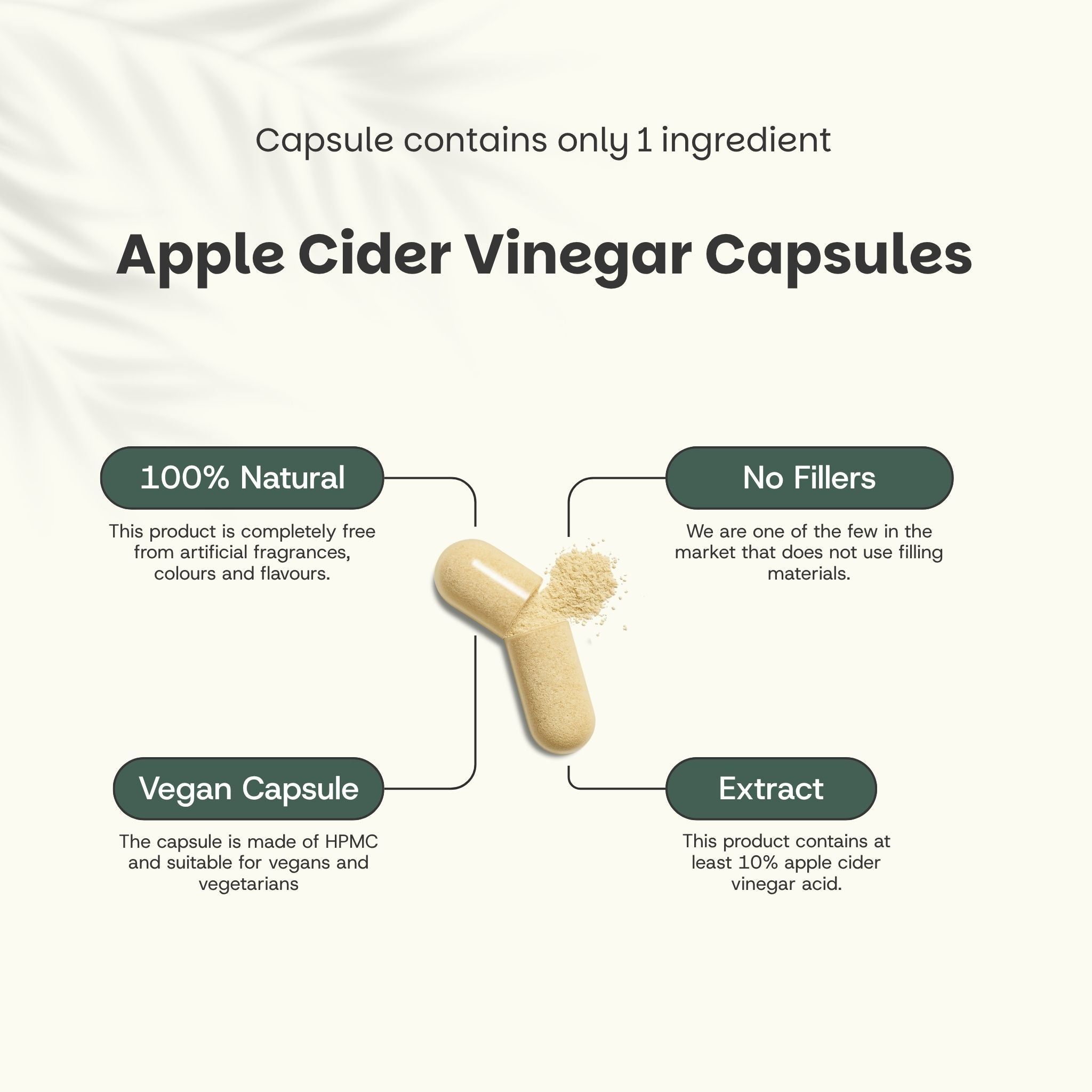 Publicité avec texte et capsule. Texte: Capsules de vinaigre de cidre. Capsule avec poudre.