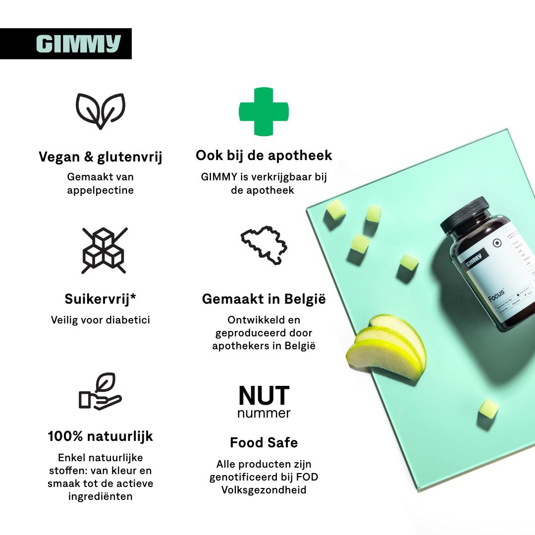 GIMMY Focus Gummies. Tekst: Vegan & glutenvrij, suikervrij, 100% natuurlijk, ook in apotheken, gemaakt in België, Food Safe.