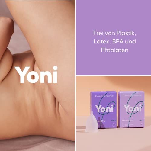 Yoni-product, menstruatiecup, naast been. Tekst: Vrij van plastic, latex, BPA en ftalaten. Twee verpakkingen.