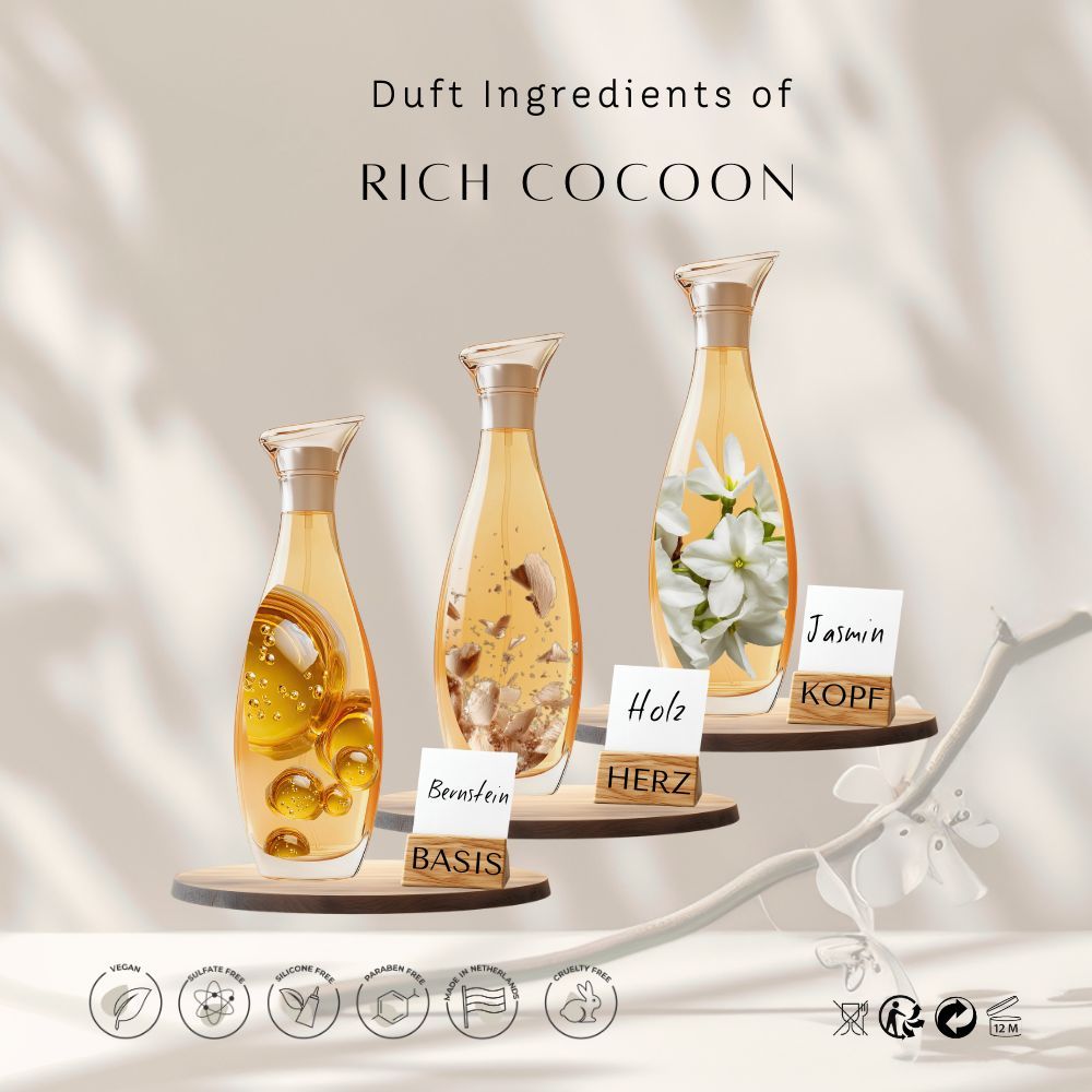 Trois flacons de liquide jaune. Sur bois: Ambre, Bois, Jasmin. Texte: Duft Ingredients of Rich Cocoon. Logos: vegan, etc.