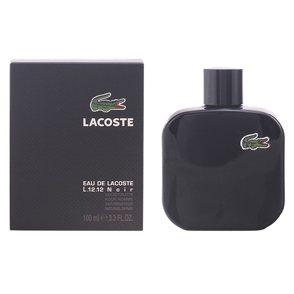 Flacon et boîte noirs. Logo crocodile vert sur le flacon et la boîte. Inscription "Lacoste L.12.12 Noir" sur la boîte.