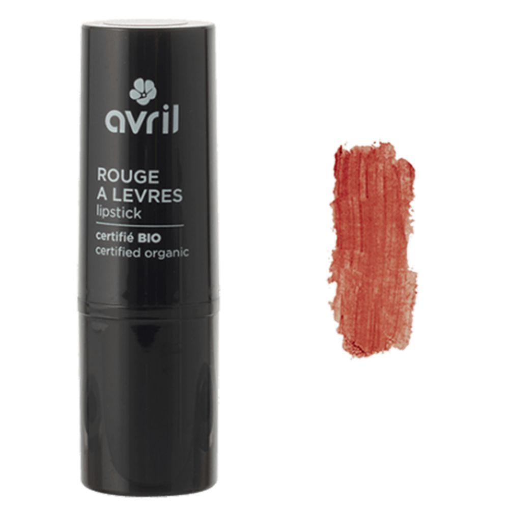 Rouge à lèvres Avril, noir. Échantillon de couleur à côté. Inscription: Rouge à Lèvres, certifié BIO, certified organic.