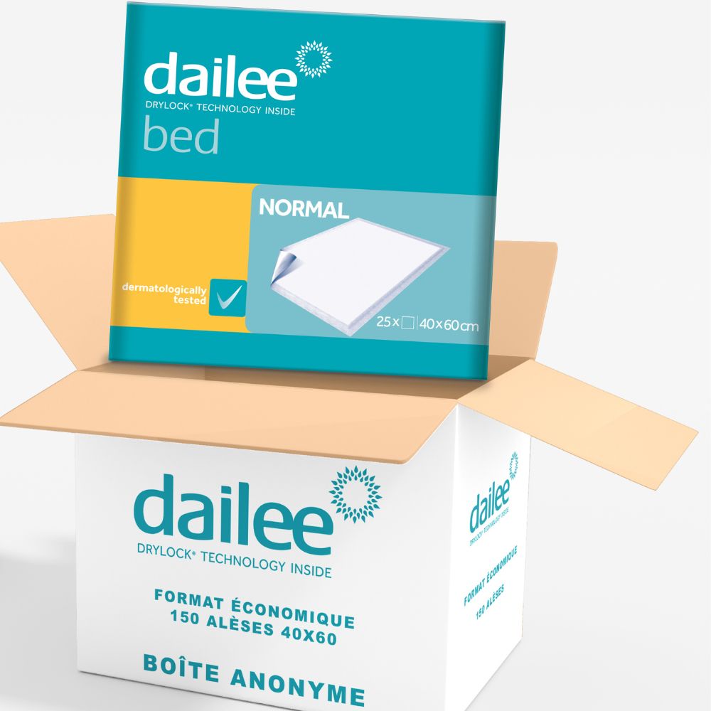 Boîte ouverte avec alèses Dailee Bed. 150 unités. Emballage avec informations produit. Boîte anonyme.
