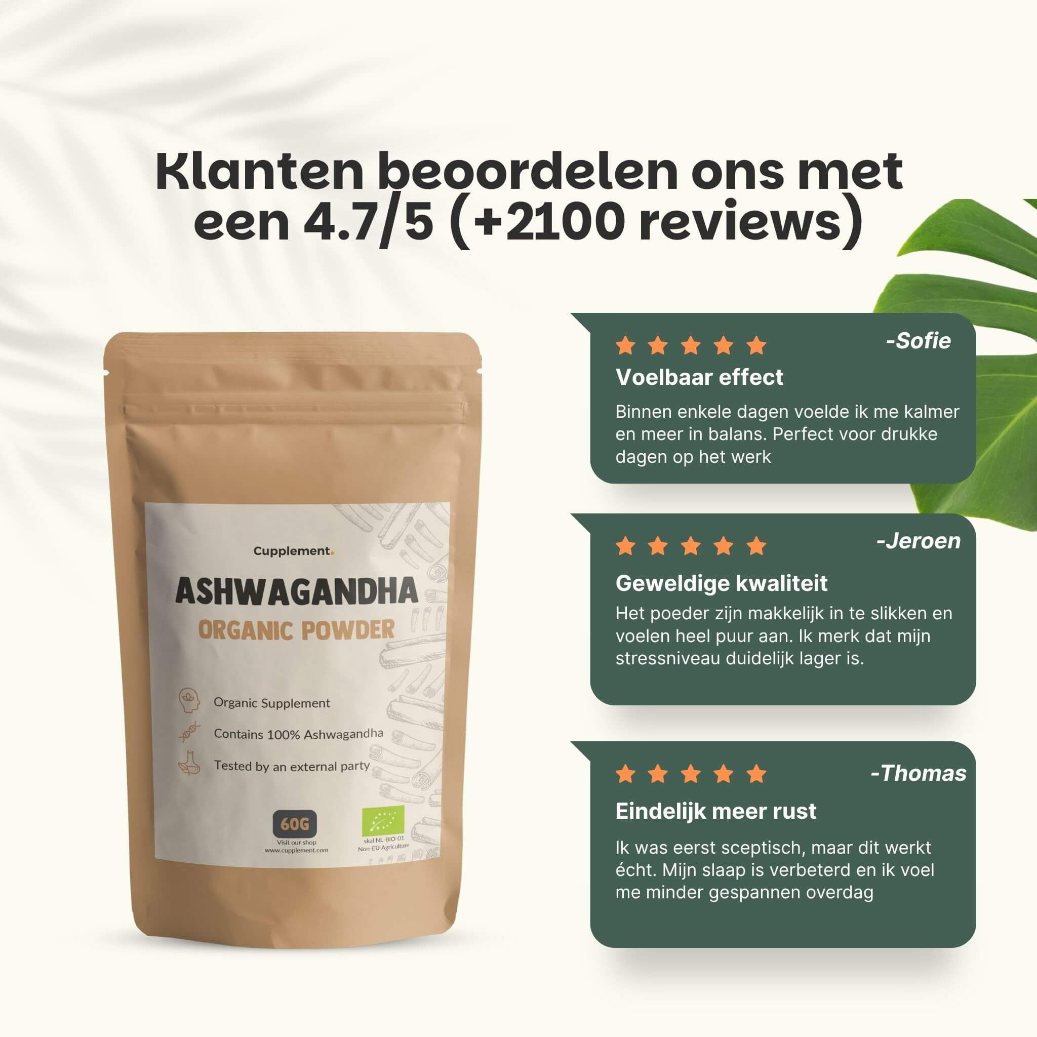 Klantbeoordelingen voor Cupplement Ashwagandha. 4,7 van 5 sterren. Tekst: Merkbaar effect, Uitstekende kwaliteit, Meer rust.