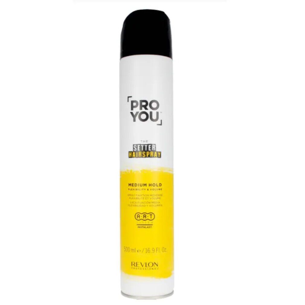 Bombe de laque blanche et noire. Inscription: PRO YOU, THE SETTER HAIRSPRAY, MEDIUM HOLD. Zone jaune avec texte et logo.