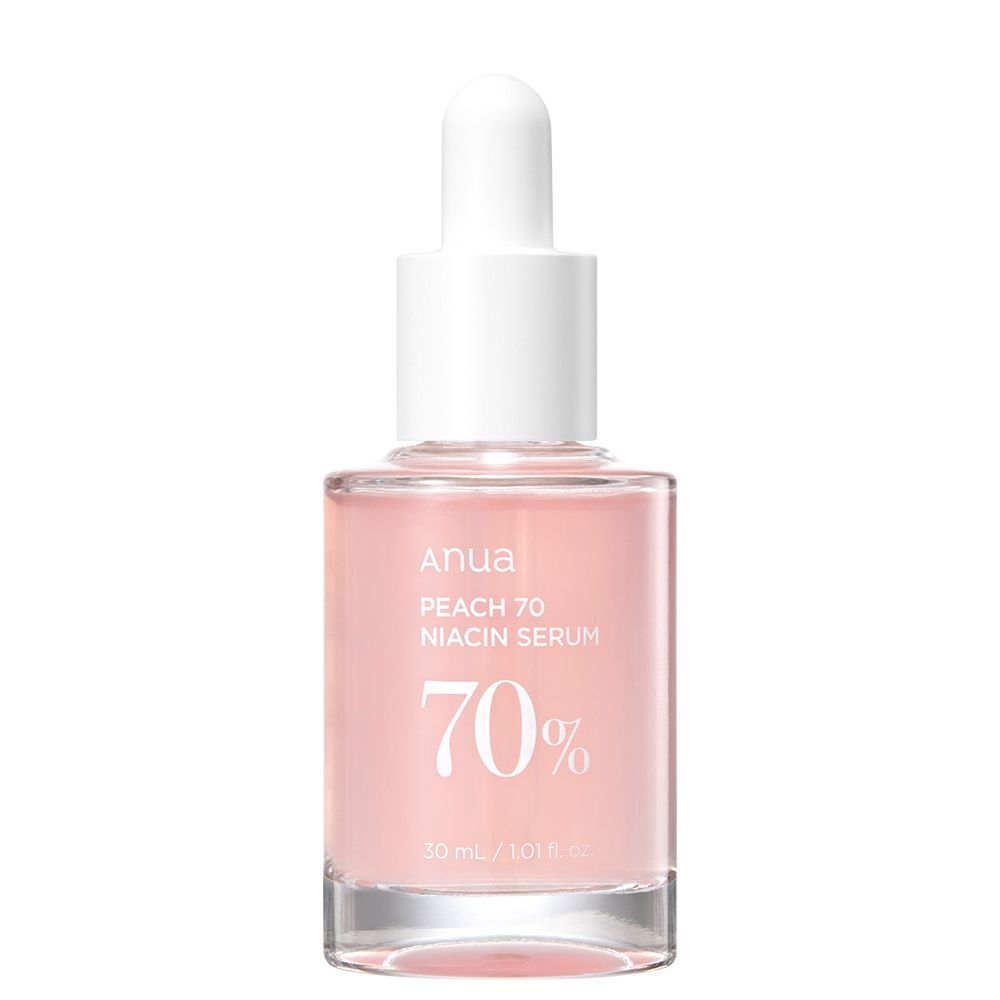 Anua Peach 70 Niacin Serum in glazen fles met druppelaar.