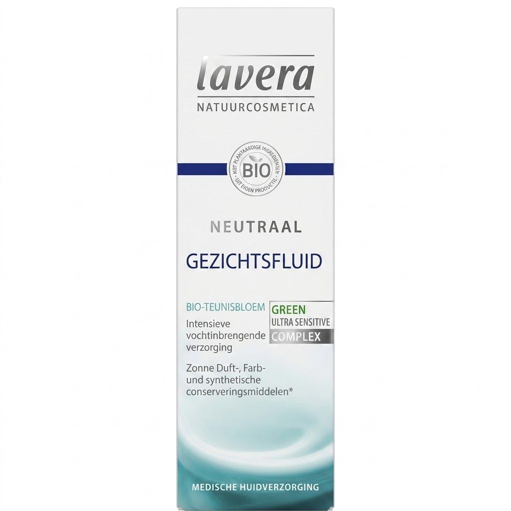 Verpakking Lavera Neutral Gesichtsfluid met gedetailleerde informatie.