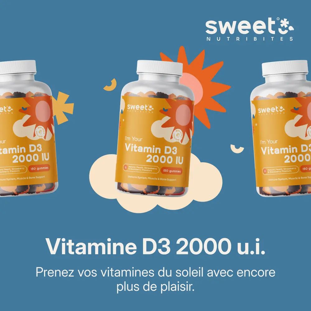 Vitamine D3 2000 UI en gommes. Bouteille avec étiquette. Femme avec tournesol et chapeau en arrière-plan.
