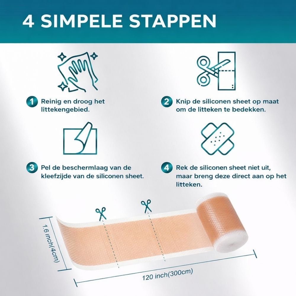 Instructies in 4 stappen: reinigen, verband knippen, beschermfolie verwijderen, aanbrengen. Rol verband.