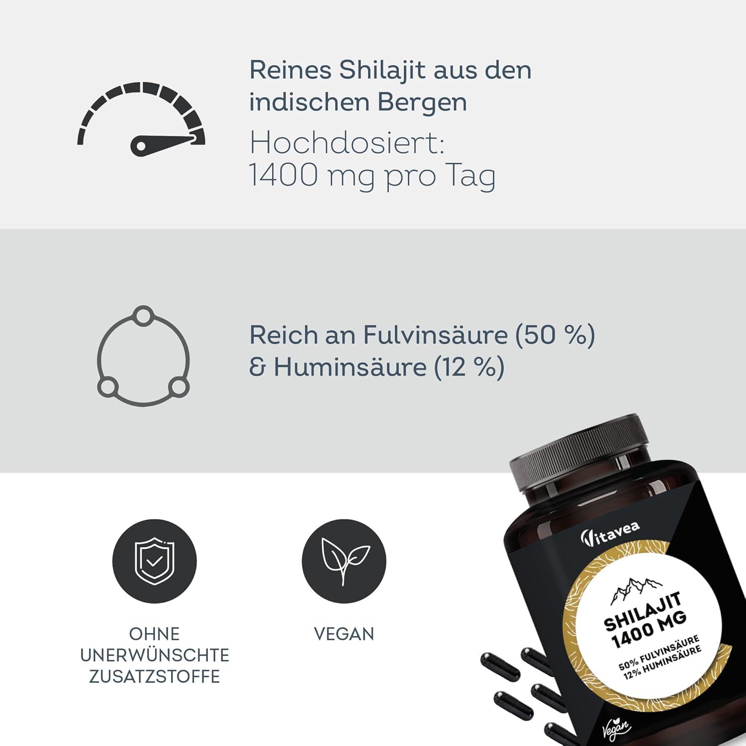 Vitavea Shilajit capsules: 1400 mg, rijk aan fulvinezuur & huminezuur, vegan, zonder toevoegingen.