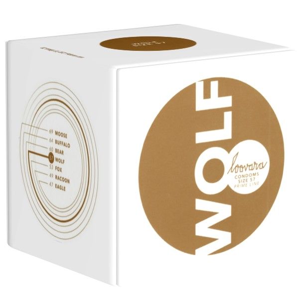 Witte kubusdoos. Opschrift: WOLF, Loovara, Condom Size 57, Prime Line. Met maatindicaties.