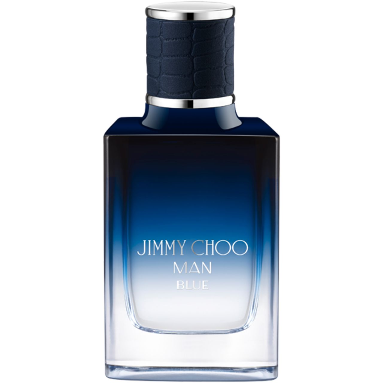 Flacon d'eau de toilette bleu rectangulaire. Inscription : JIMMY CHOO MAN BLUE. Bouchon argenté.