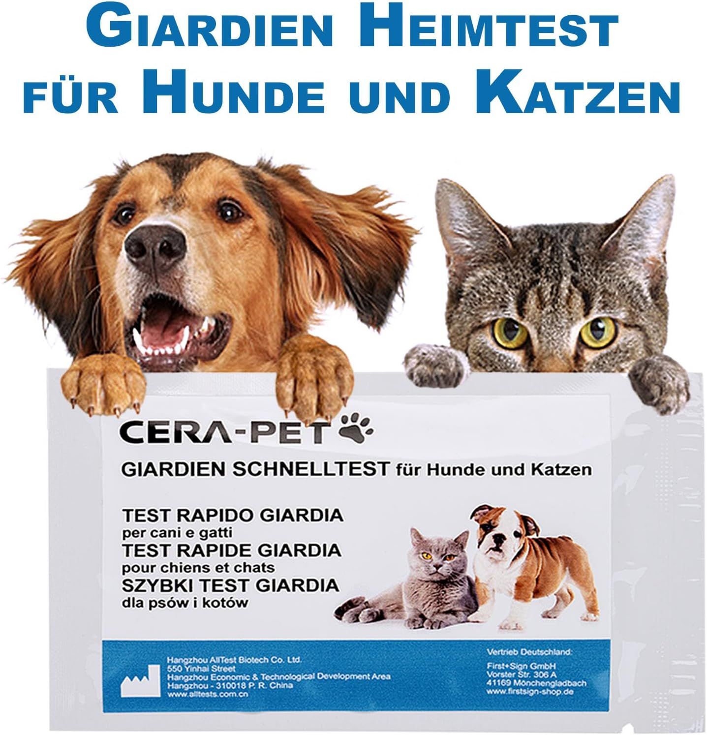 Emballage avec texte: Test Giardia à domicile pour chiens et chats. Cera-Pet Test rapide Giardia. Images de chiens et de chats.