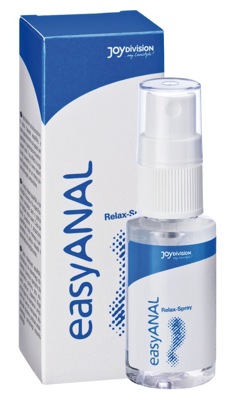 Verpakking en flesje easyANAL Relax-Spray naast elkaar.