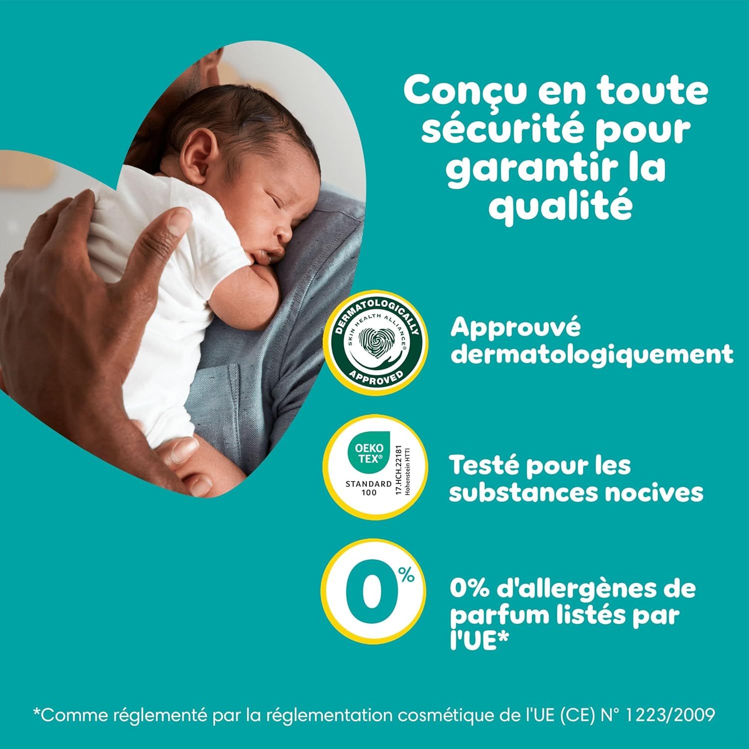 Bébé avec père. Certificats : "Approuvé dermatologiquement", "OEKO TEX", "0% d'allergènes de parfum UE".