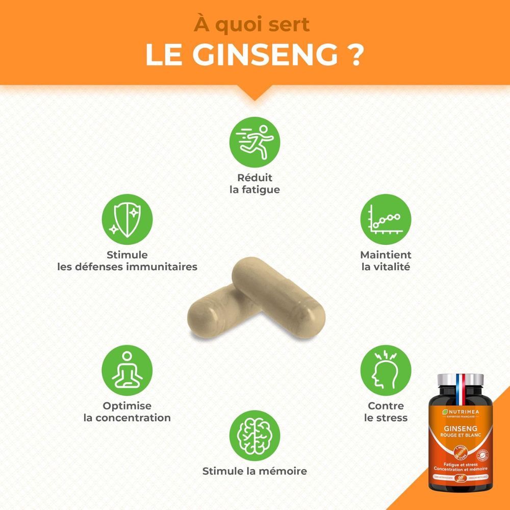 Infographie : Bienfaits du ginseng. Réduit la fatigue, stimule l'immunité, maintient la vitalité, optimise la concentration, contre le stress, stimule la mémoire.