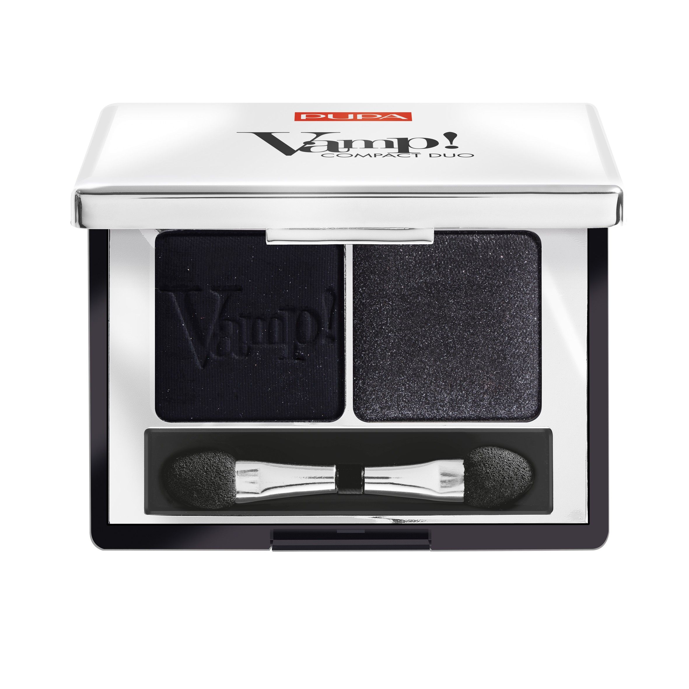 Pupa Vamp! Compact Duo oogschaduw, tint 007 Dark Night. Bevat twee zwarte oogschaduws en een applicator.
