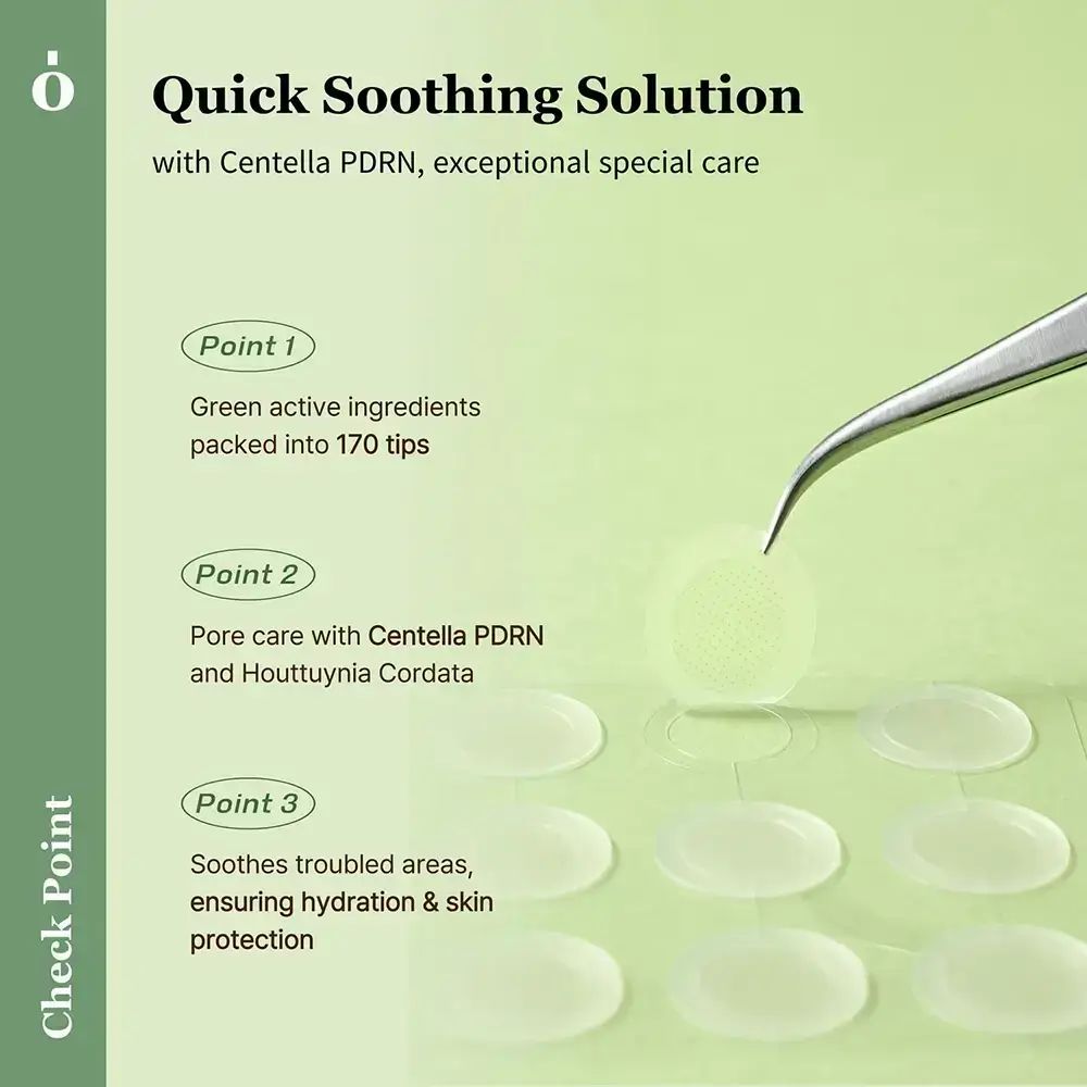 Close-up van patches met pin-structuur. Pincet houdt een patch vast. Tekst: Quick Soothing Solution.