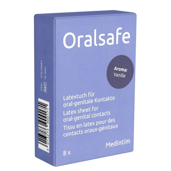 Boîte bleue avec texte "Oralsafe". Texte: Tissu en latex pour contacts oraux-génitaux. Arôme: Vanille. 8 pièces. Marque: Medintim.