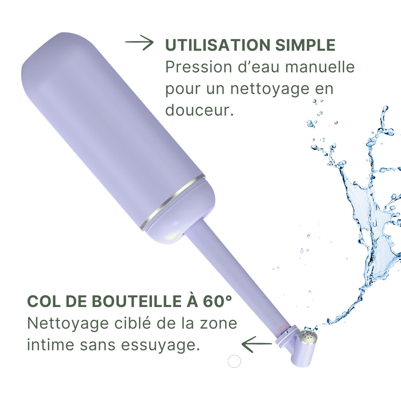 Douche intime violette. Texte: Utilisation simple. Pression d'eau manuelle. Col de bouteille à 60°. Nettoyage ciblé sans essuyage.