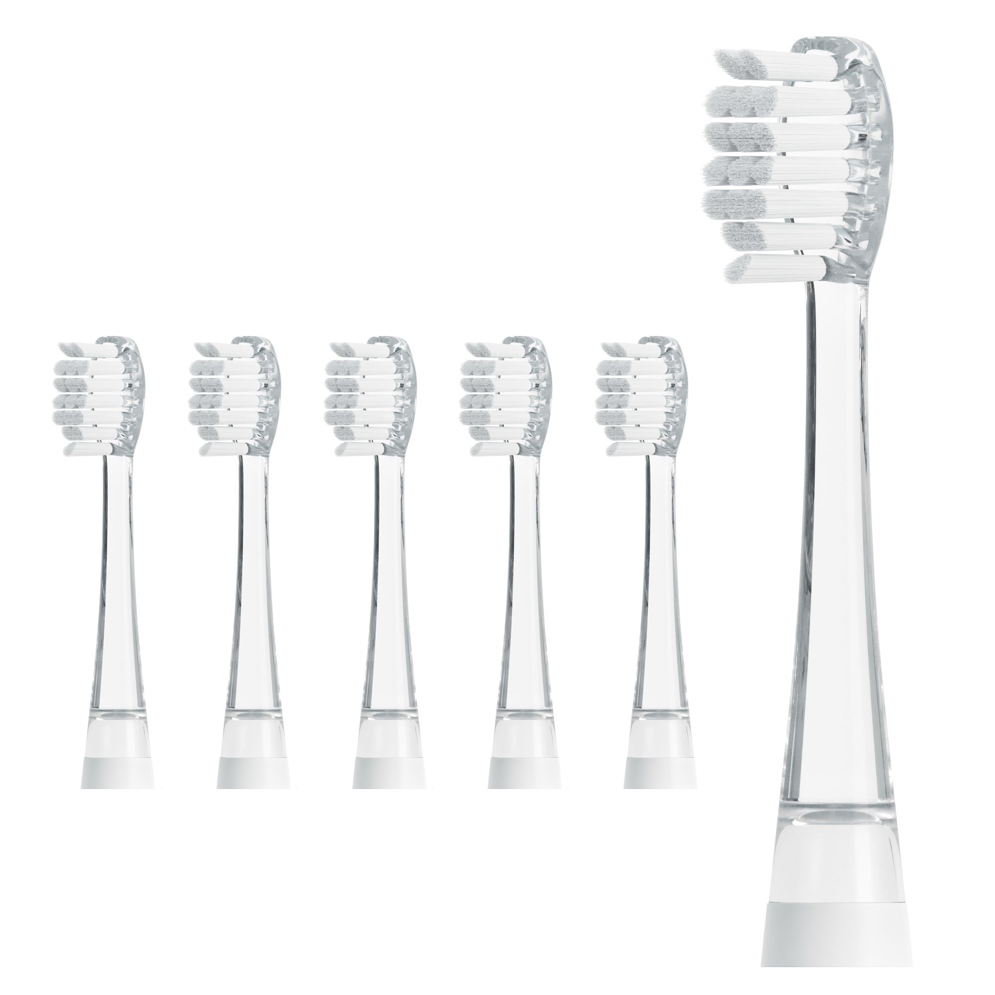 Six têtes de brosse de rechange. Cinq couchées, une debout. Plastique transparent, soies blanches. Pour AILORIA BUBBLE BRUSH.