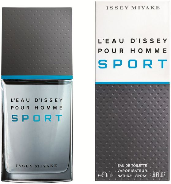 Fles en verpakking van L'Eau d'Issey Pour Homme Sport. Fles met blauwe streep en grijze dop. Verpakking met logo en productnaam.