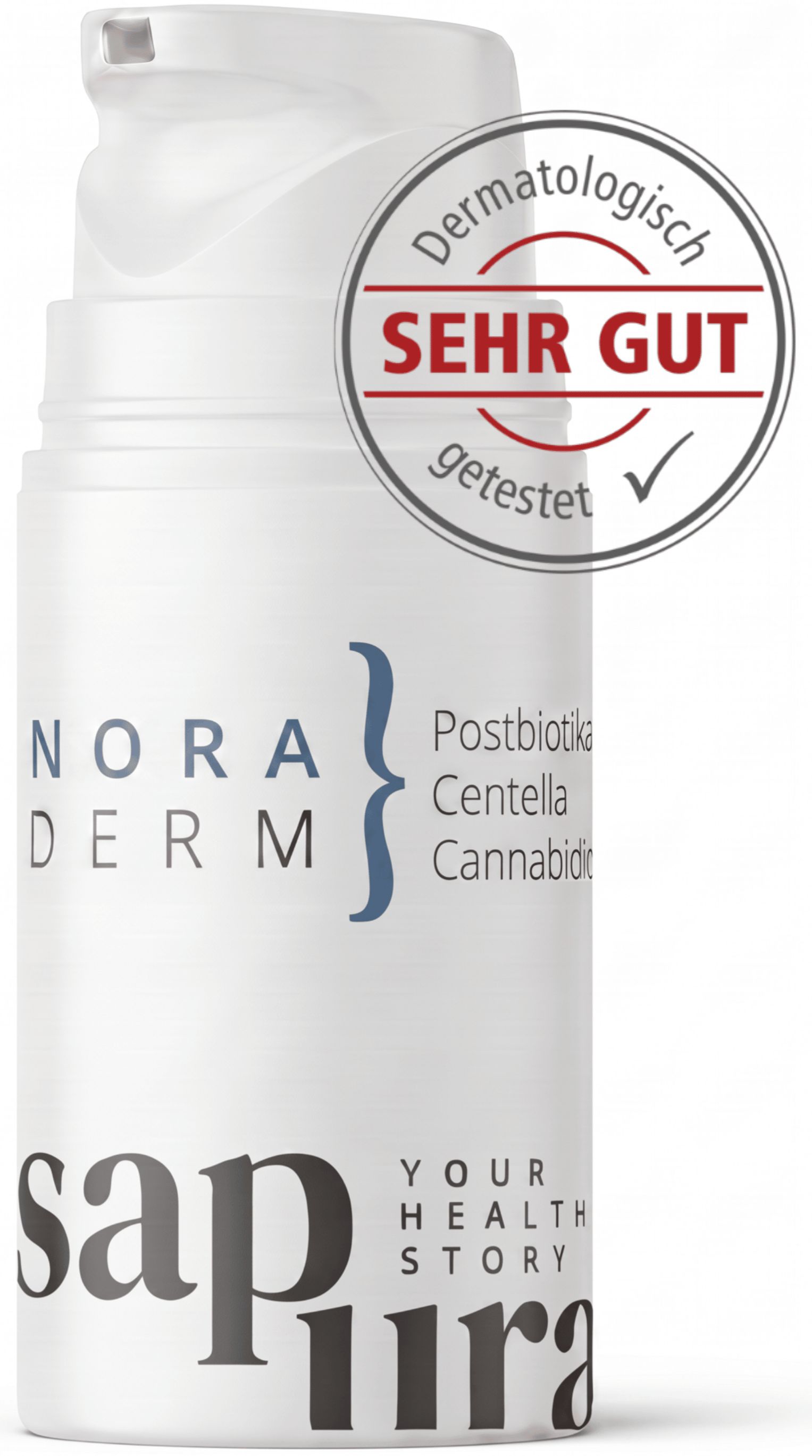Witte fles met pompdosering, opschrift 'NORADERM' en 'sapura'. Cirkel met 'Dermatologisch SEHR GUT getestet'.