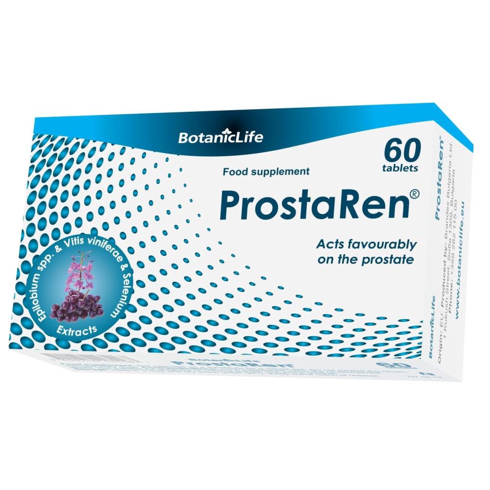 Boîte de ProstaRen. Contient 60 comprimés. Inscription : Complément alimentaire. Agit favorablement sur la prostate. Avec informations sur les ingrédients.