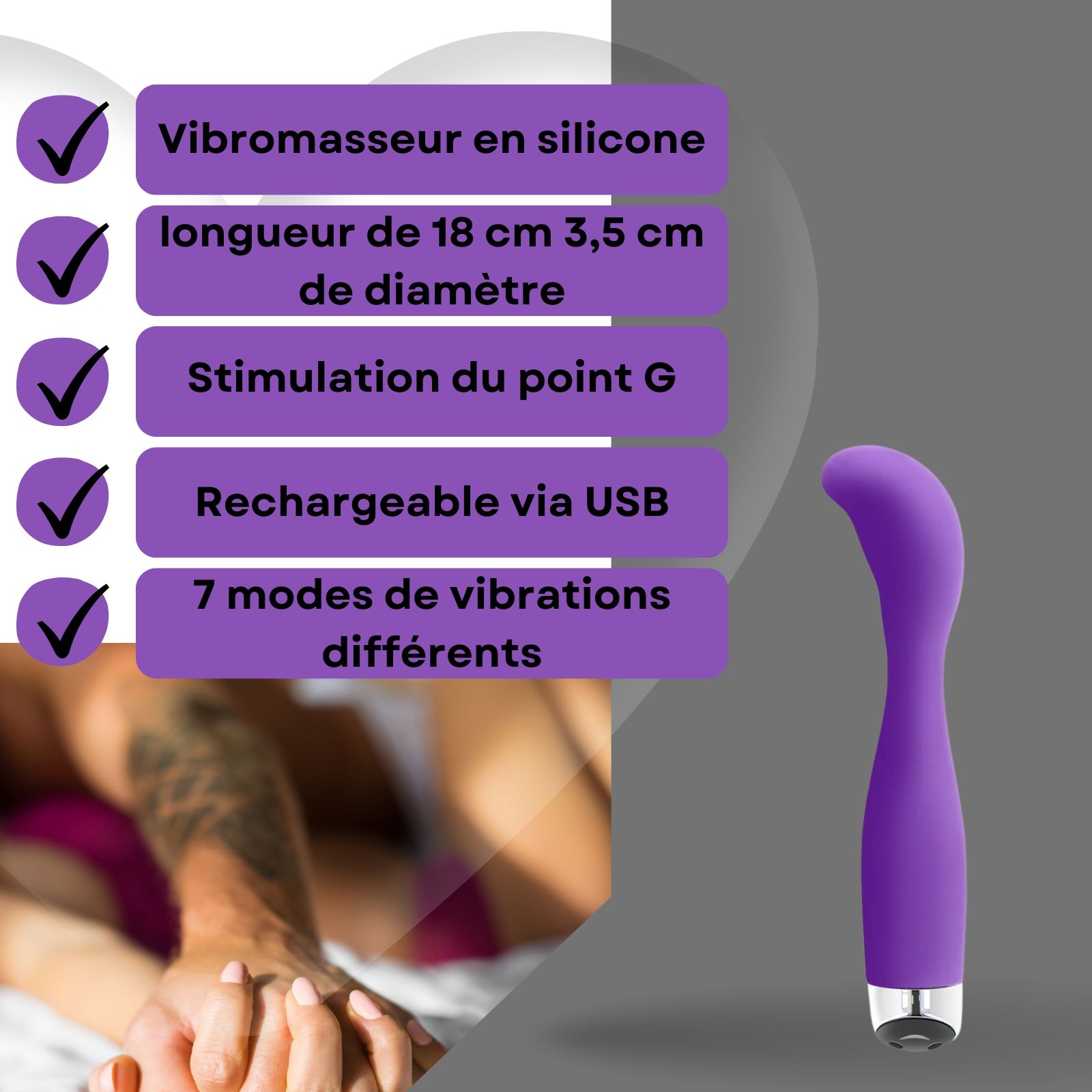 Vibrateur violet. Silicone, forme incurvée. Texte: Modes de vibration, USB.