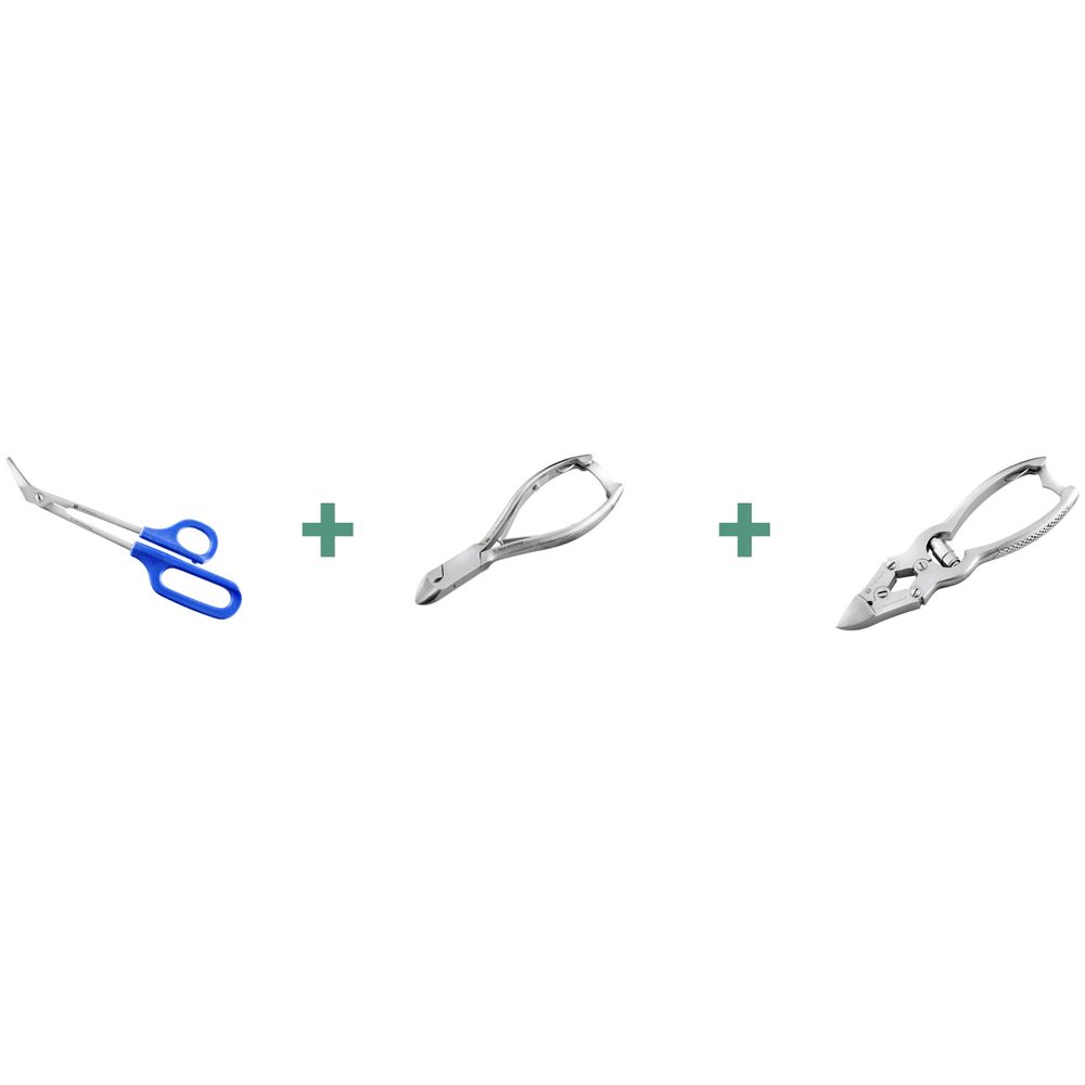 Ensemble de trois instruments : pince avec poignées bleues, pince à cuticules, coupe-ongles d'orteil.