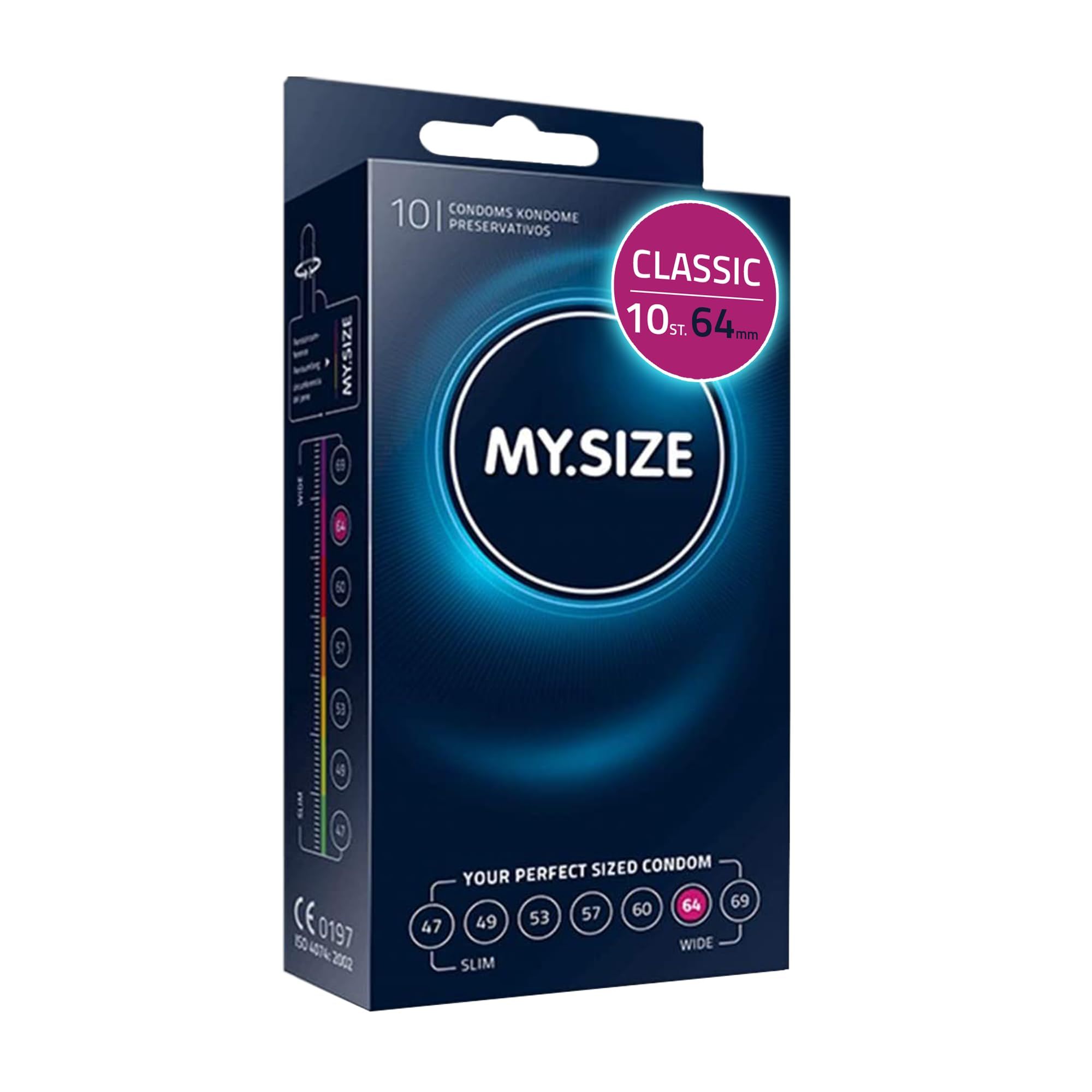 Doos met 10 MY.SIZE 64mm condooms. Donkerblauw met gloeiende cirkels en maatindicaties.