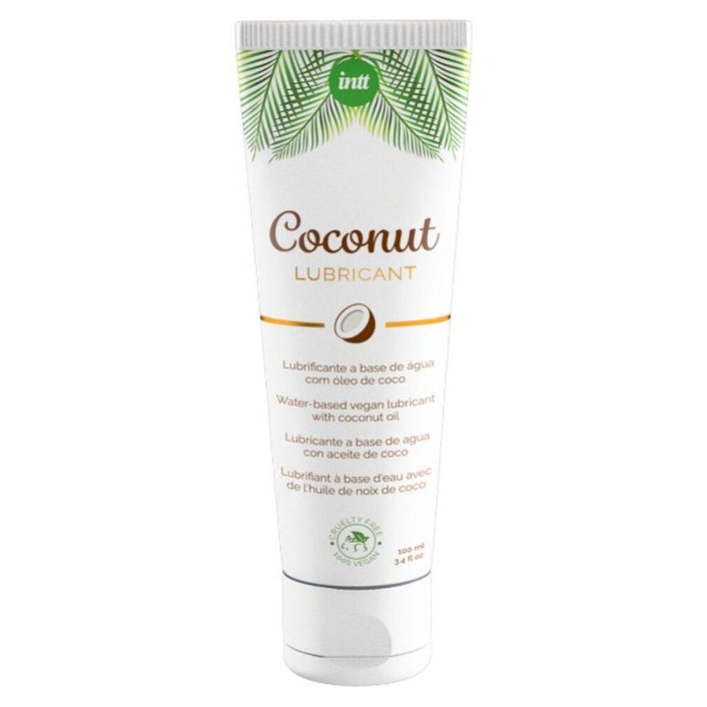 Tube blanc de lubrifiant à la noix de coco, motif de feuilles en haut.