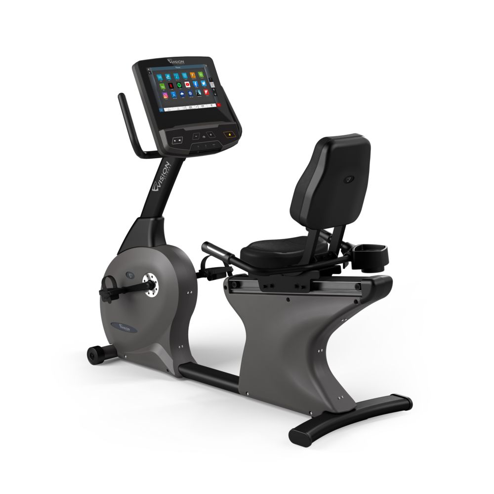 Hometrainer met digitaal display. Zwart zadel en rugleuning. Grijs frame. VISION-logo op het display.