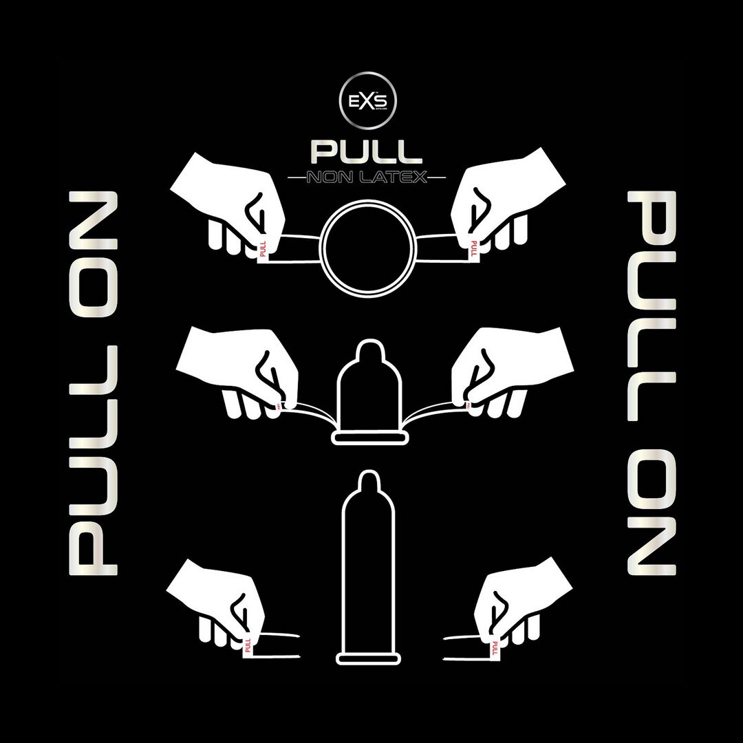 Illustration graphique de l'utilisation. Mains tirant sur un préservatif. Texte : "PULL ON - NON LATEX".