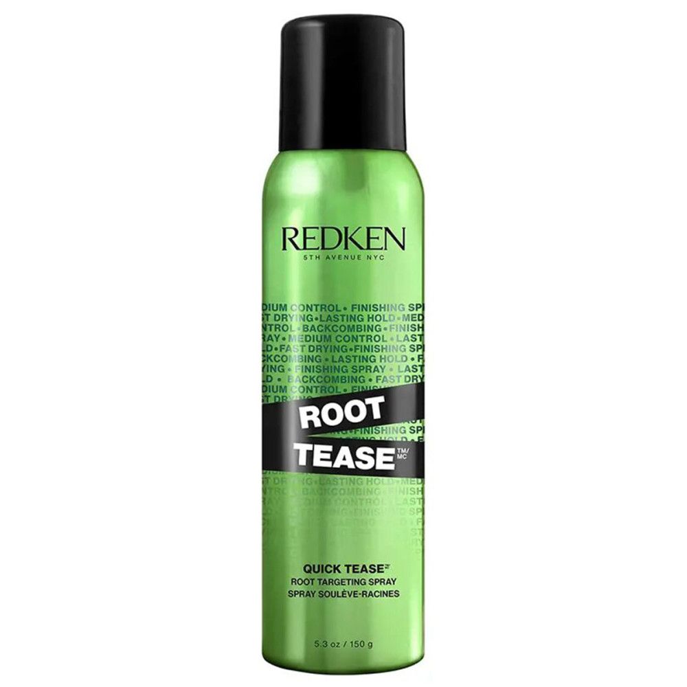Spray Redken Root Tease vert. Couvercle noir. Texte : Quick Tease Root Targeting Spray.