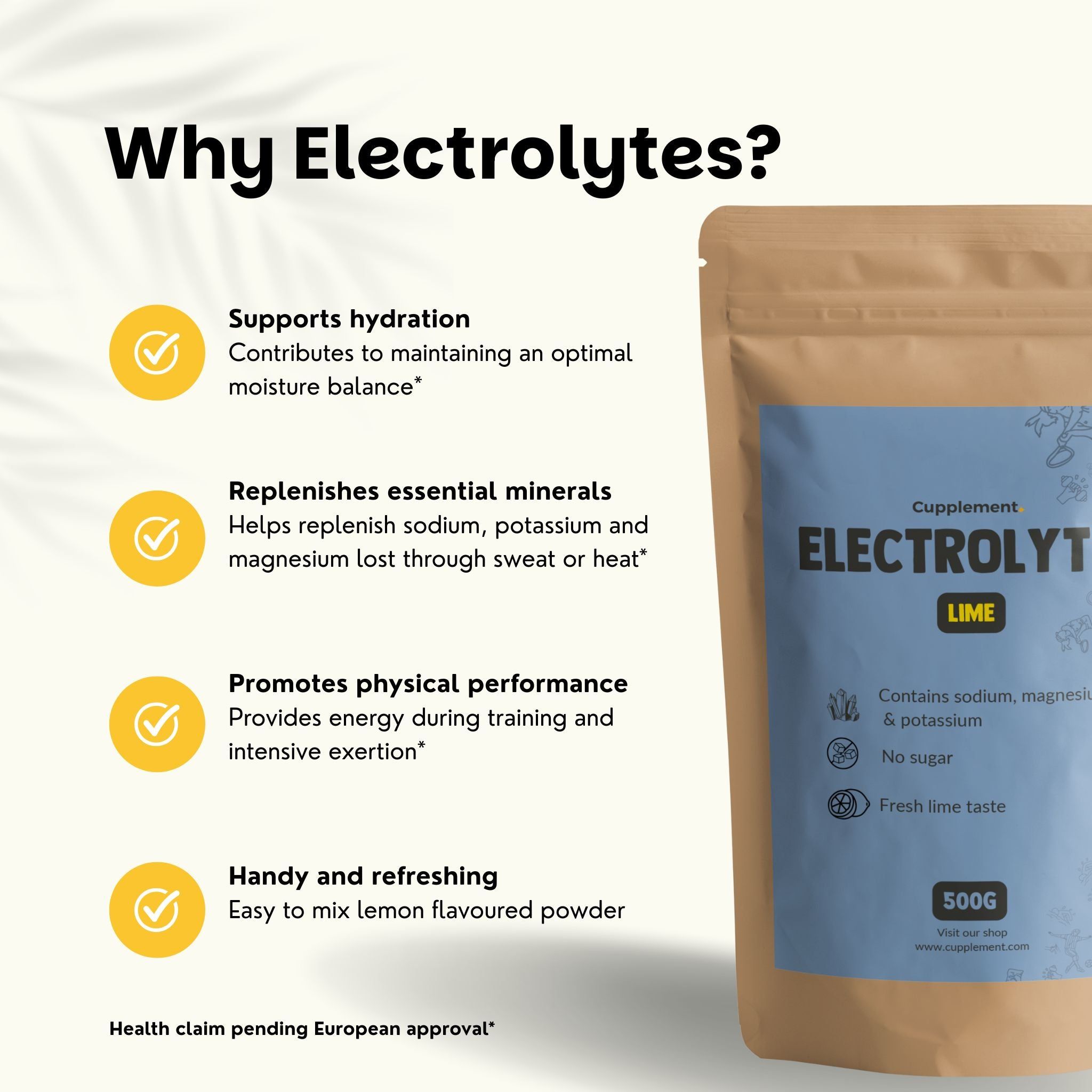 Sachet d'électrolytes. Inscription : Cupplement, Electrolytes, Lime. Contient du sodium, du magnésium et du potassium. 500g. Soutient l'hydratation. Remplace les minéraux.
