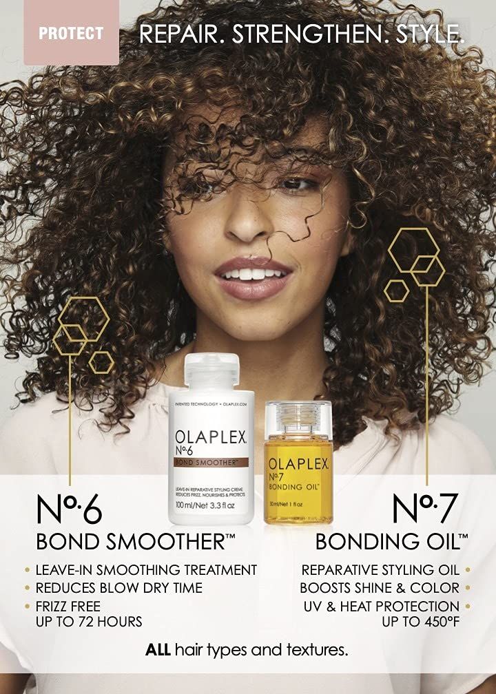 Vrouw met krullen, Olaplex No.6 Bond Smoother en Olaplex No.7 Bonding Oil. Tekst: No.6 Bond Smoother, No.7 Bonding Oil.