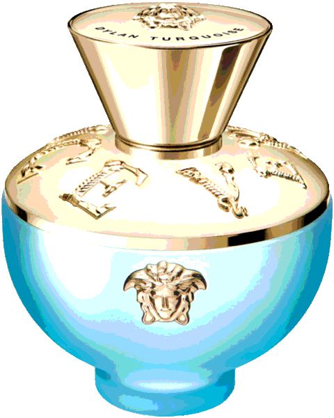 Flacon turquoise avec bouchon doré et logo. Flacon avec décor en relief.