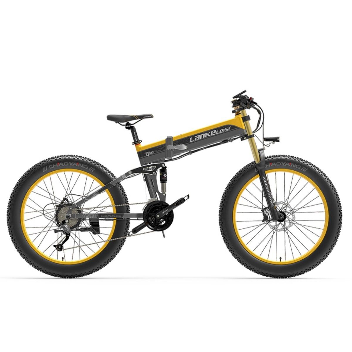 VTT électrique jaune et noir. Gros pneus, suspension, batterie. Marque : LANKELEISI.