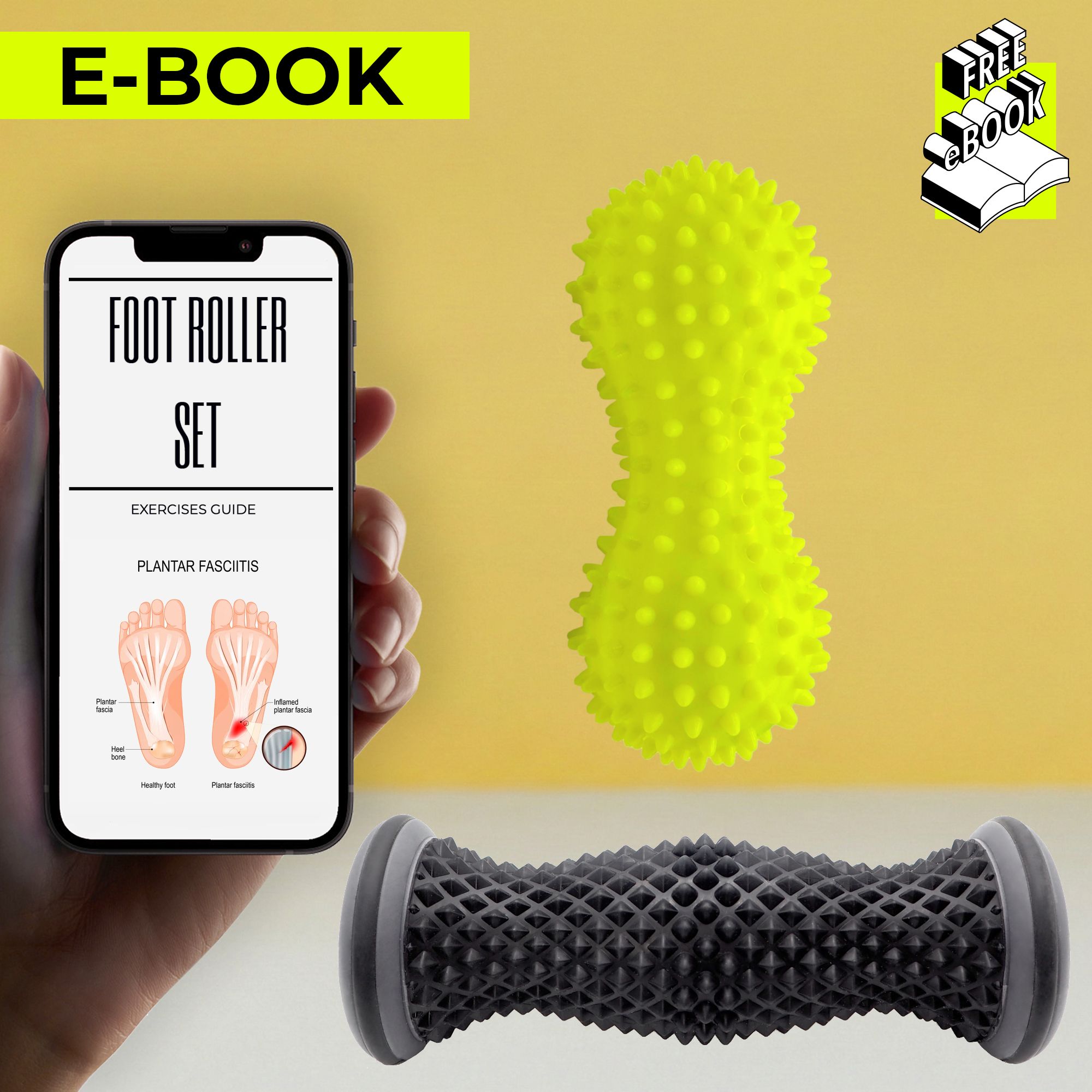 Set de massage des pieds avec balle hérissée, rouleau et eBook sur smartphone.