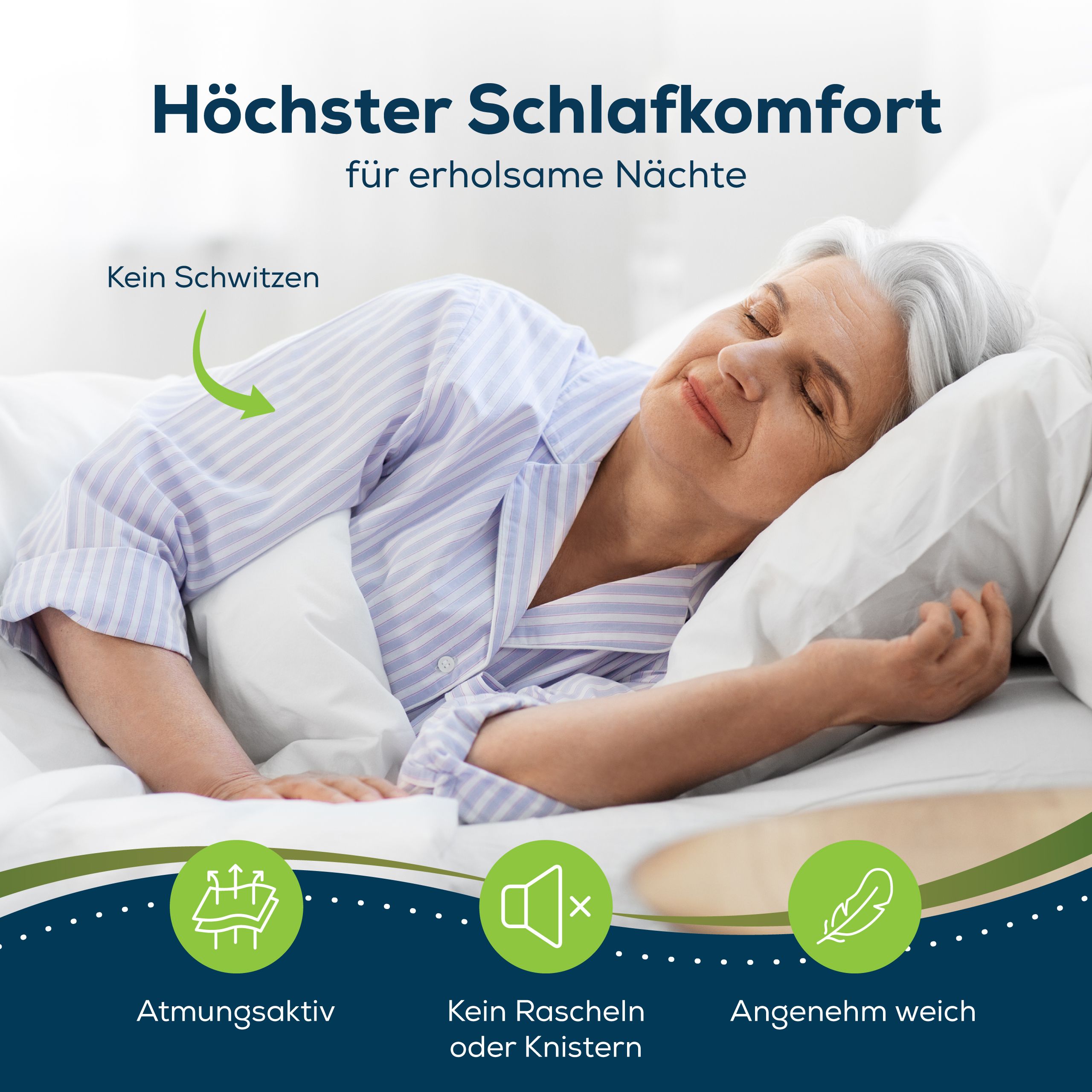 Femme dormant sur oreiller et matelas blancs. Texte : Confort de sommeil optimal. Respirant, silencieux, doux.