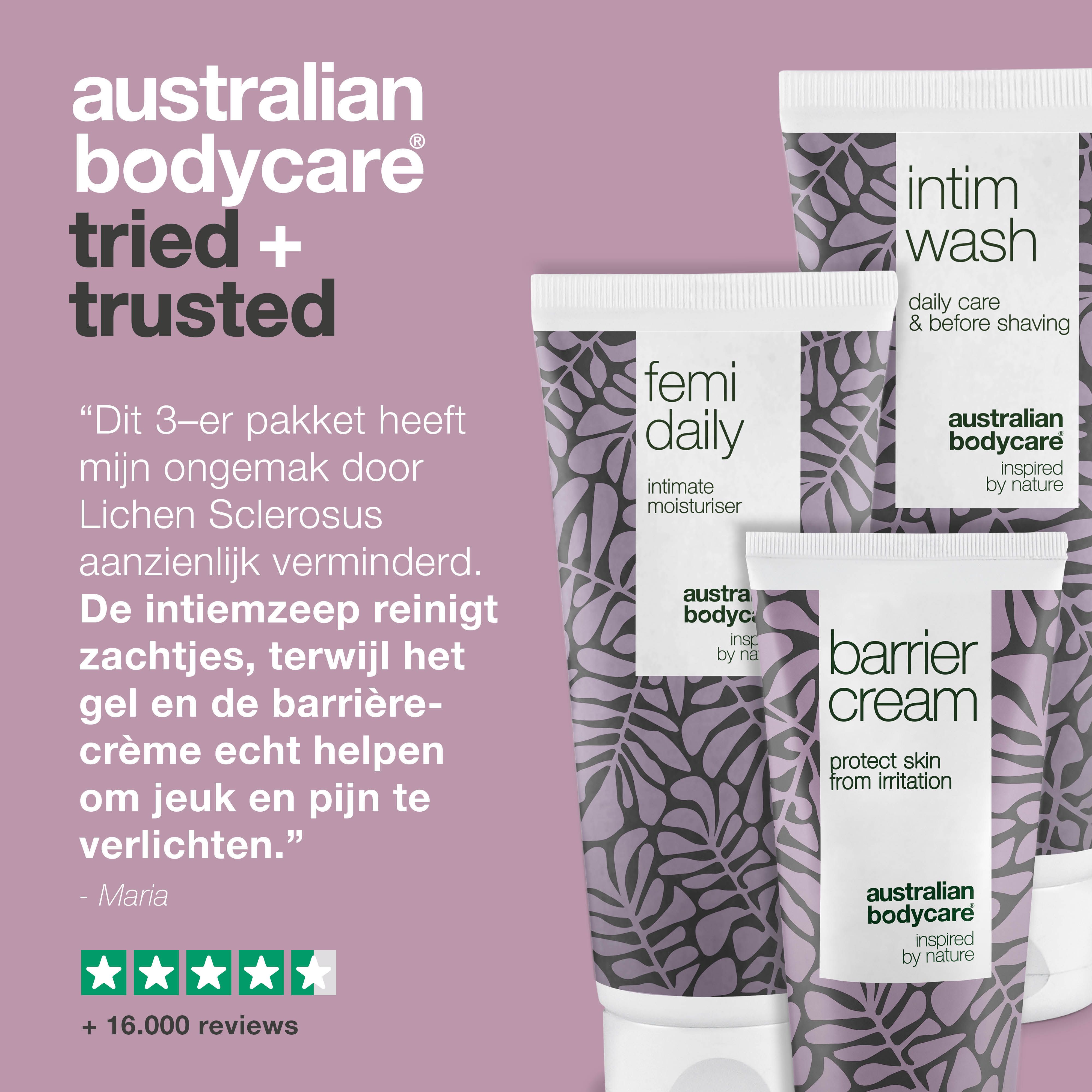 Drie tubes: Intim Wash, Femi Daily, Barrier Cream. Tekst: Ervaringsverhaal. Merk: Australian Bodycare.