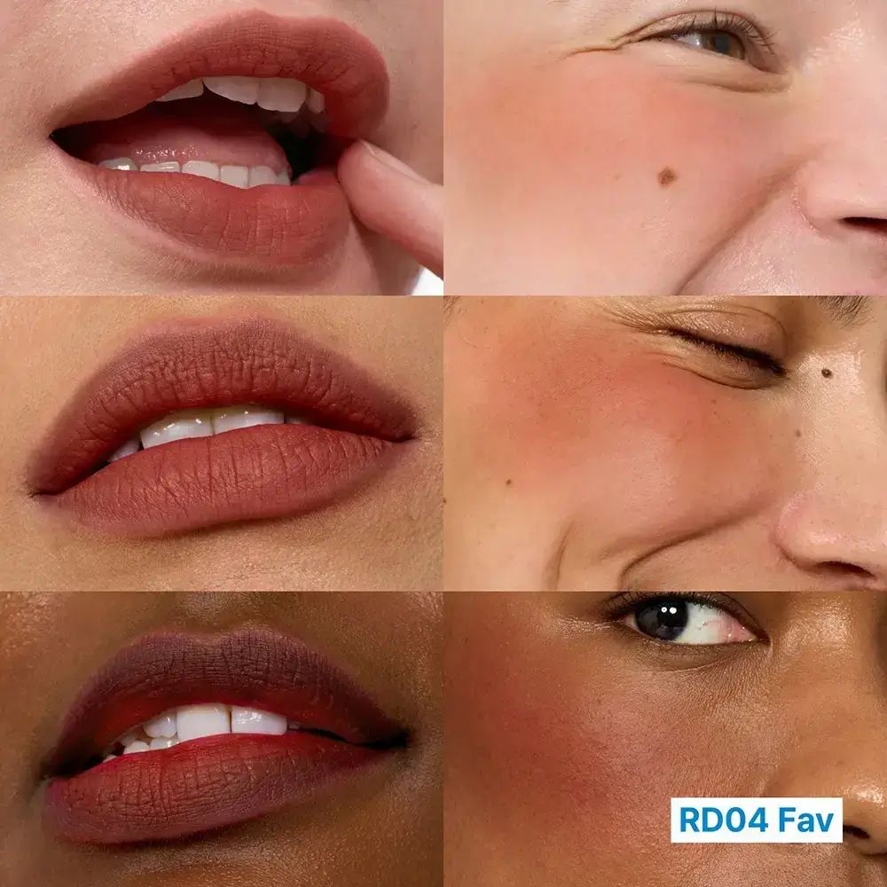 Close-ups van lippen en wangen met rouge. Tekst: RD04 Fav.