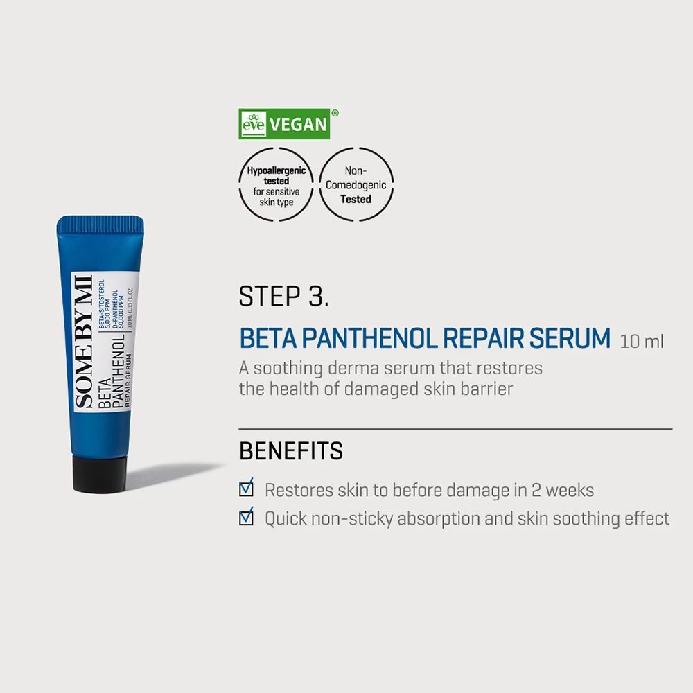 Tube bleu SOME BY MI Beta Panthenol Repair Serum. Bouchon noir. Texte et logos blancs.